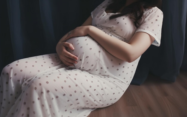 A pregnant woman sits on the floor