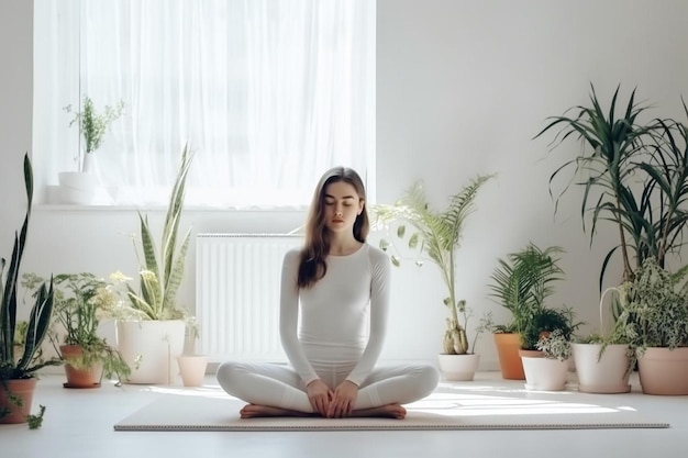 Photo a pregnant woman sits on a table in front of plants and flowers