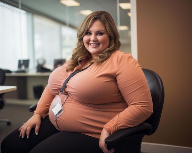 a pregnant woman sitting in an office chair