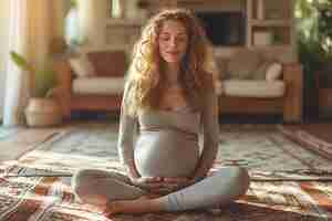 Photo a pregnant woman sitting on a rug in a living room doing yoga exercises with her hands in her stomac