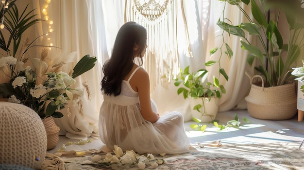 Photo a pregnant woman sitting on a rug in a living room with a flower arrangement