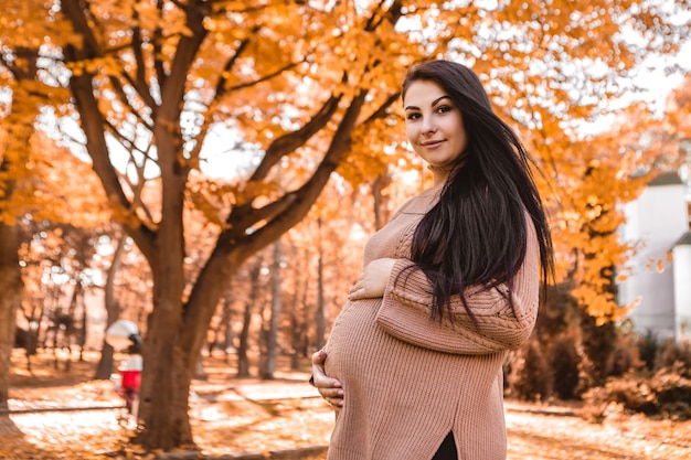 Pregnant woman standing in autumn city park forest, holding stroking her round belly