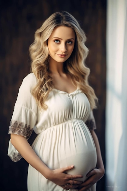 pregnant woman standing in front of a window