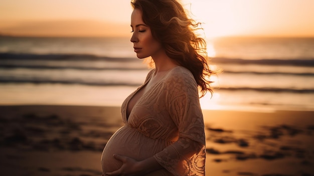 A pregnant woman stands on a beach in front of a sunset