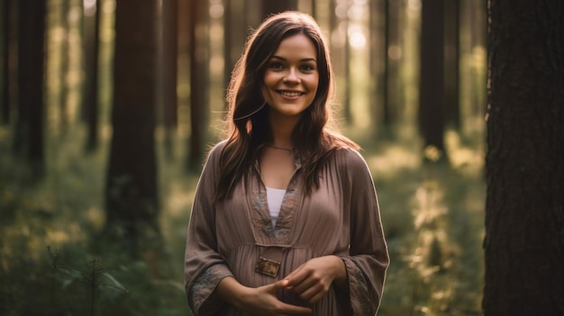 A pregnant woman stands in a forest smiling and l