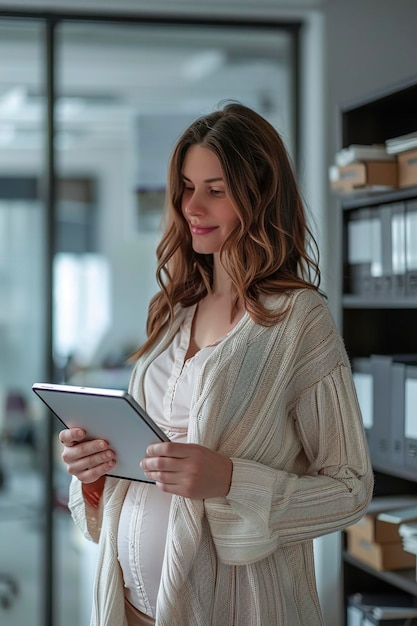 Pregnant Woman Using Tablet in Library