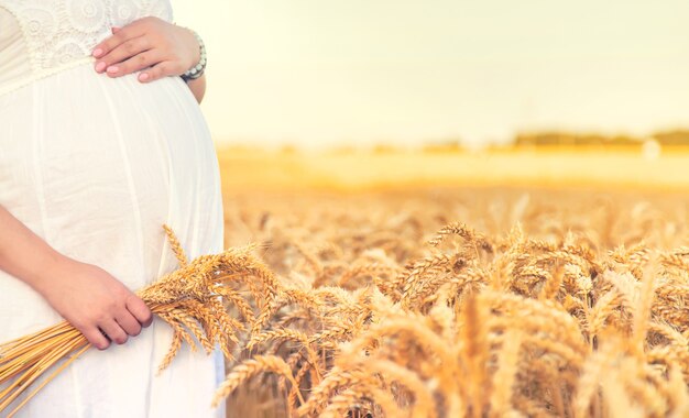 Donna incinta in un campo di grano