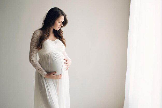 Photo a pregnant woman in a white dress is standing in front of a wall