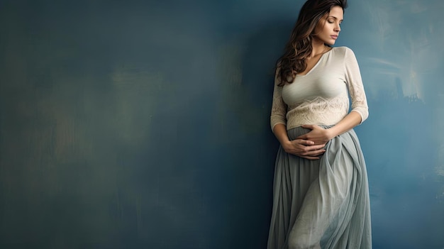 a pregnant woman with blue skirt is standing against a wall in the style of subtle tonal gradations