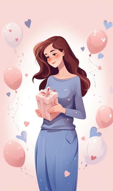 Pregnant Woman with Gift Celebrating Pregnancy in Pastel Party Atmosphere