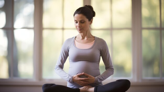 pregnant woman with her hands on her hips in a yoga pose