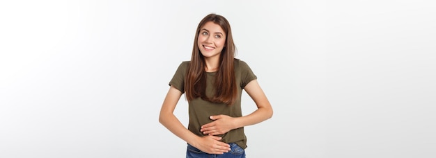 Pregnant woman with her hands on her stomach isolated against white background