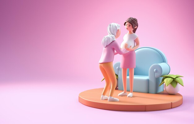 Pregnant Woman with her Mother 3D Illustration