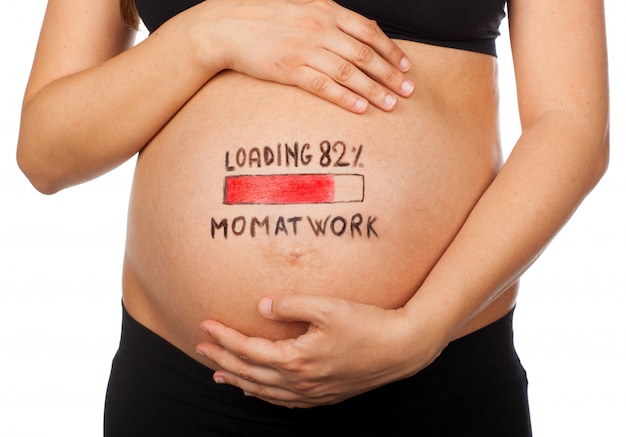 Pregnant woman with loading concept, mom at work.