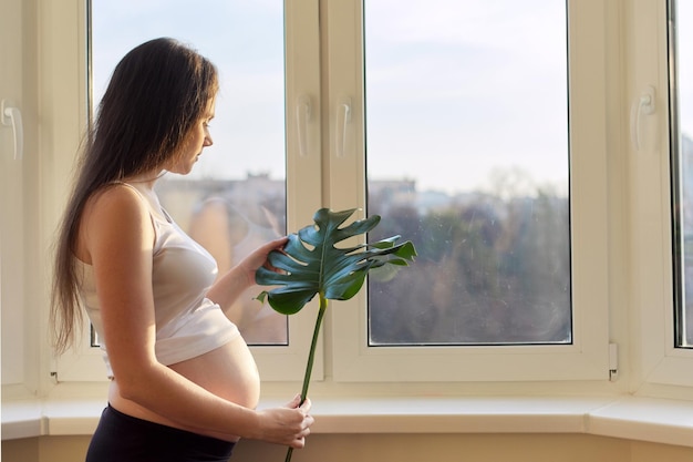 緑の葉を保持している窓の近くに家で立っている開いたおなかを持つ妊婦