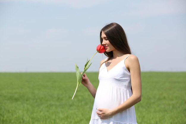 Foto donna incinta con tulipano rosso in campo