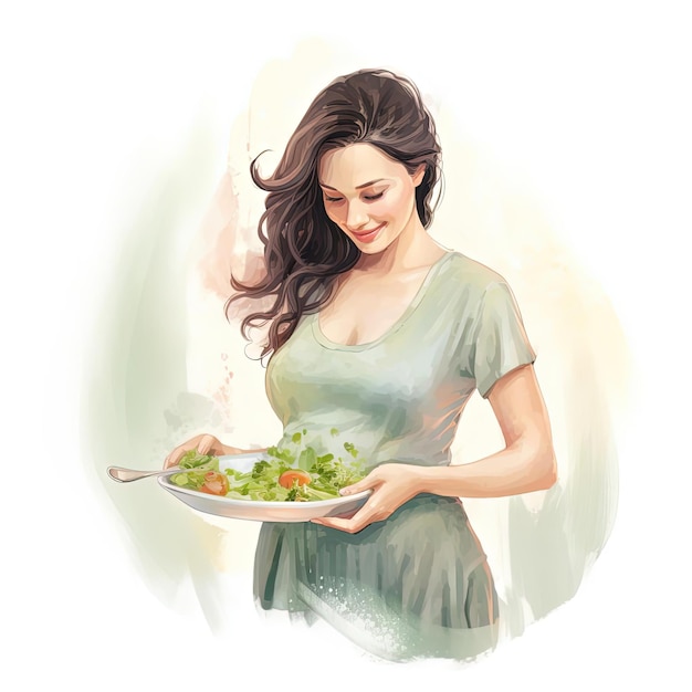 pregnant woman with salad on plate vector illustration in the style of brushwork exploration