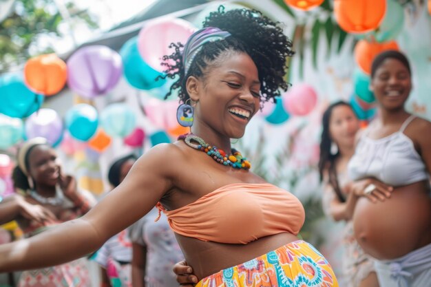 Photo pregnant women marking the onset of the third trimester come together with smiles and shared joy to celebrate their impending motherhood