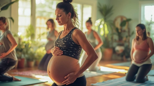 Pregnant Yoga Teacher Gracefully Demonstrating a Stretch Group of Pregnant Participants Following