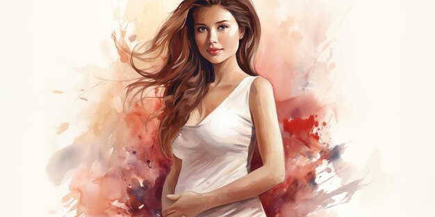 Pregnant young woman on a white background watercolor High quality photo Generative AI