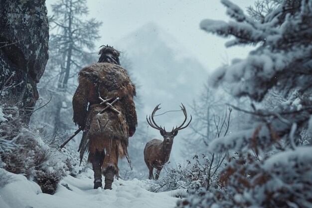 A prehistoric cave man is on the hunt for a deer