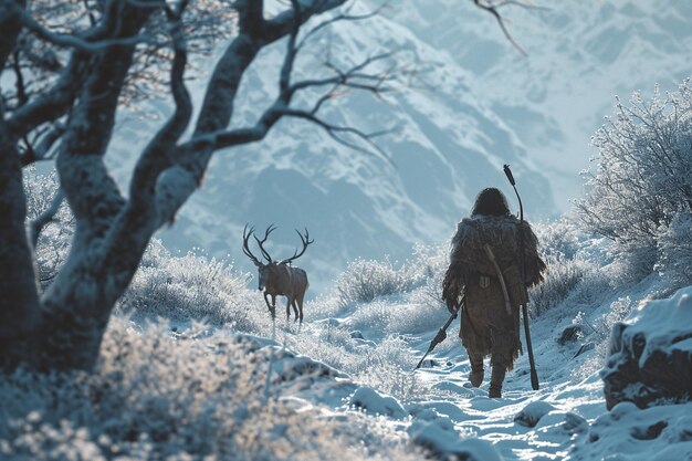 Photo a prehistoric cave man is on the hunt for a deer