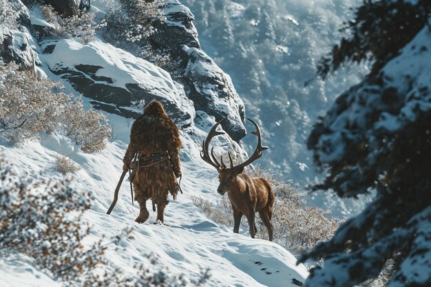 Photo a prehistoric cave man is on the hunt for a deer