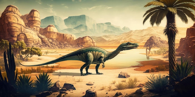 野生の自然の中で先史時代の生き物や恐竜 現実的なスタイルの描画