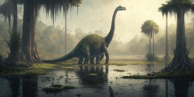Доисторическое существо или динозавр в дикой природе Реалистичный рисунок в стиле