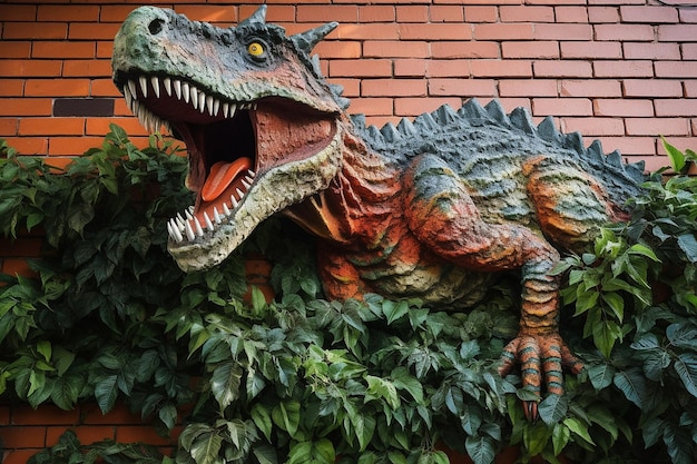 Photo prehistoric dinosaur jungle on brick wall