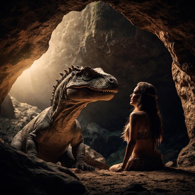 Photo prehistoric girl and her pet dinosaur in a cave