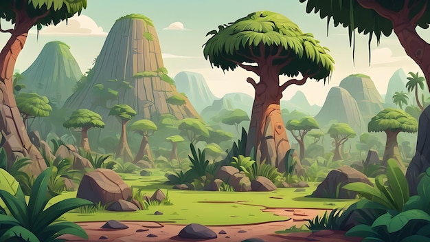 Prehistoric landscape lush greenery cartoon style