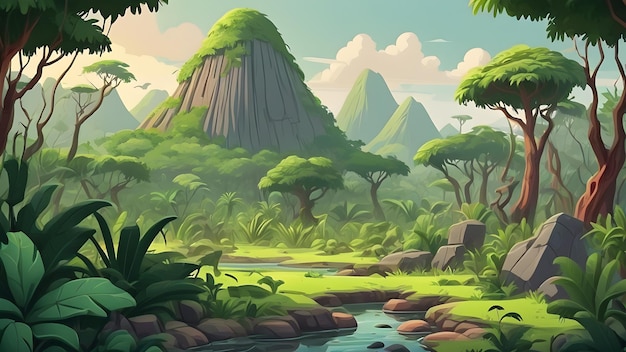 Prehistoric landscape lush greenery cartoon style