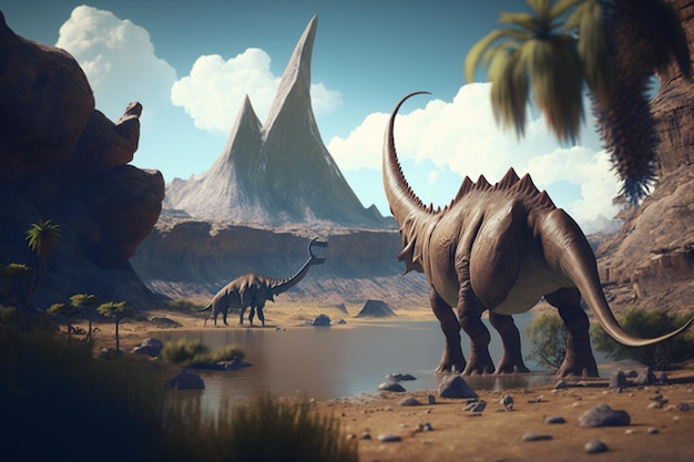 Доисторический пейзаж с динозавром и горой на заднем плане.