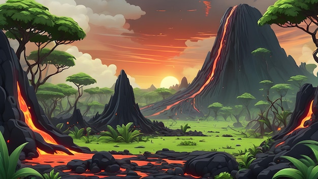 Prehistoric landscape with lush greenery and a bubbling lava flow in the distance