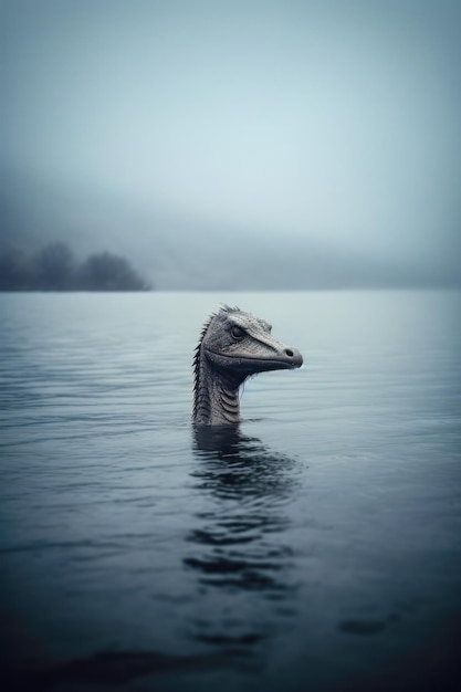 prehistoric monster in a northern lake on a cloudy day