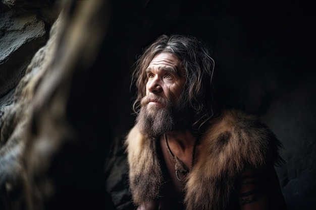 Prehistoric neanderthal man in cave Generative AI