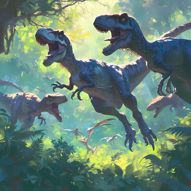 Photo prehistoric predators velociraptor pack in action