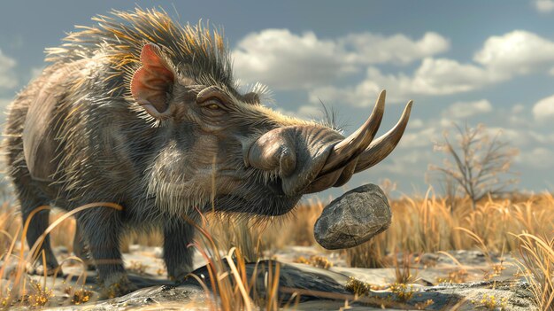 Prehistoric wild boar with large tusks in the middle of a dry grassy plain