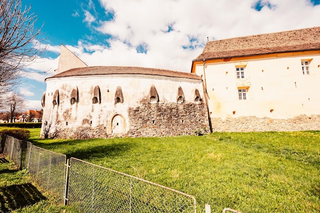 Prejmer Romania View of fortified church powerful thick walls in Transylvania Medieval fortified Saxon church in Brasov county landmark