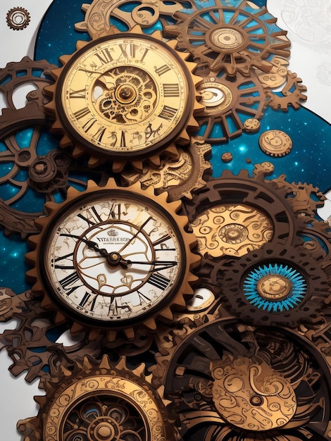 A premade background of rusty gears and clocks all showing a different time