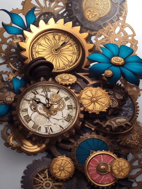 A premade background of rusty gears and clocks all showing a different time