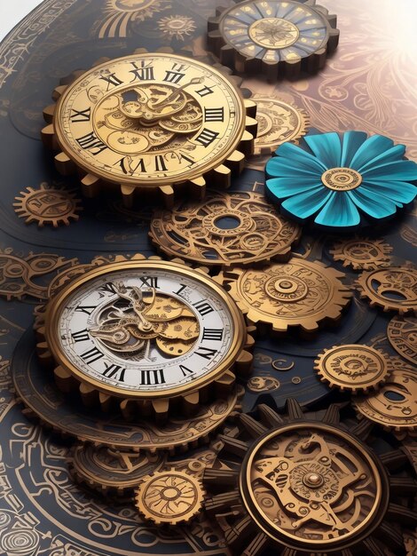 Предварительно сделанный фон ржавых шестерен и часов, все показывающие разное время