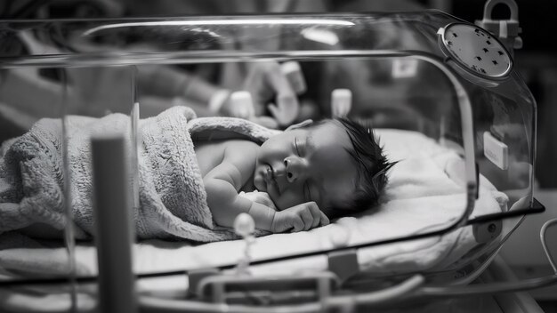 Photo premature baby sleep inside incubator