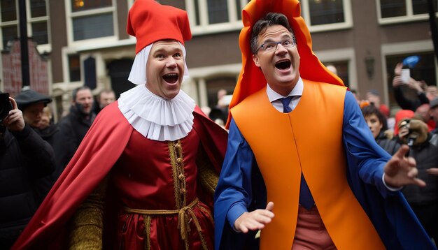 Premier Rutte als Sinterklaas en Geert wilders als zwarte piet