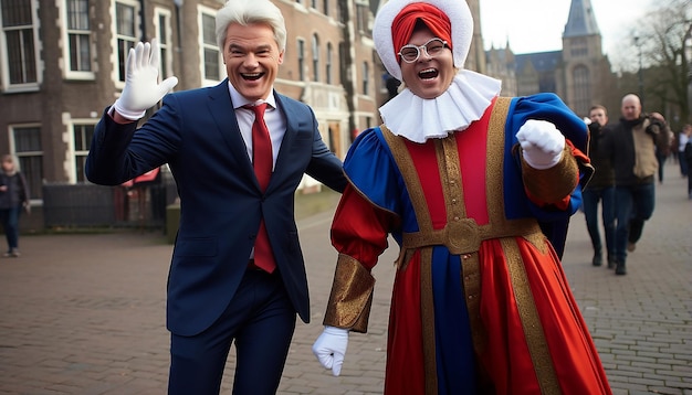 Foto premier rutte als sinterklaas en geert wilders als zwarte piet