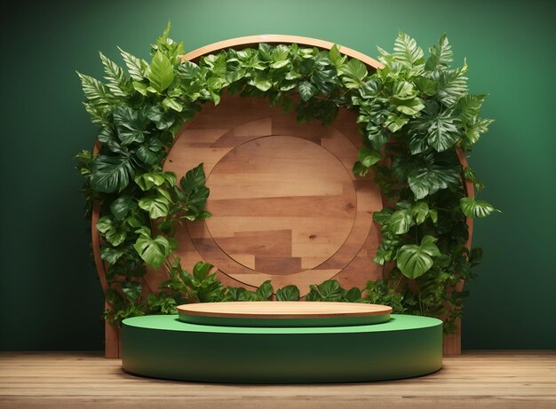 Premium 3D houten podium met natuurlijke bladeren groene achtergrond 3D-rendering