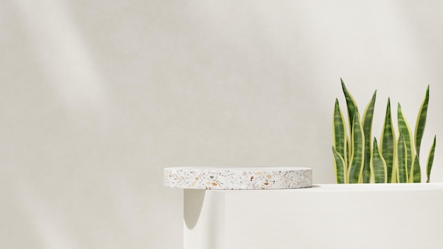 Premium 3D rendering mockup sjabloon terrazzo podium in landschap met slangenplanten
