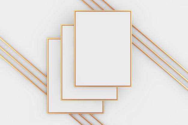 Premium Abstract White Golden Blank Picture Frame Mockup with Abstract Golden Lines 3d Rendering