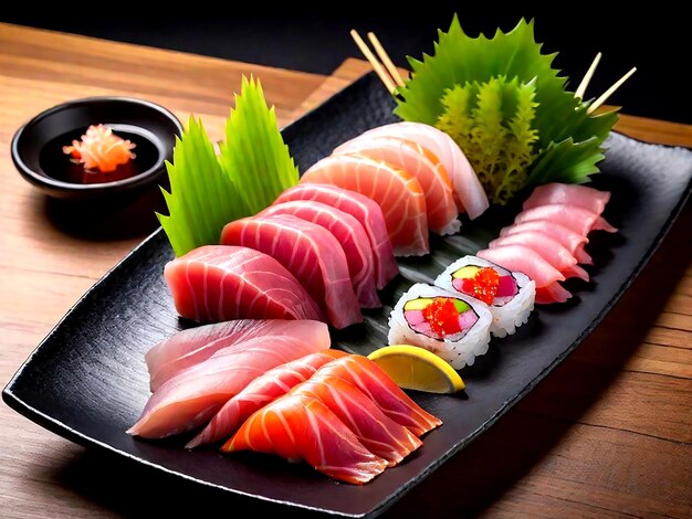 Photo premium akami chutoro and otoro sashimi on the black plate ai_generated